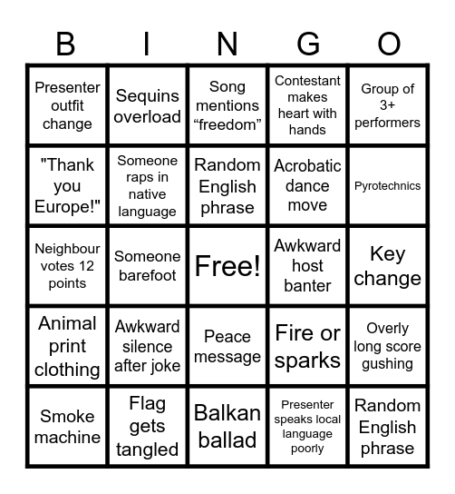 Eurovision Bingo Card