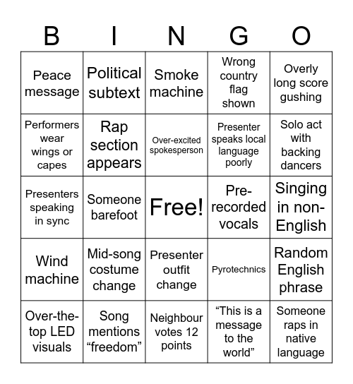 Eurovision #2 Bingo Card