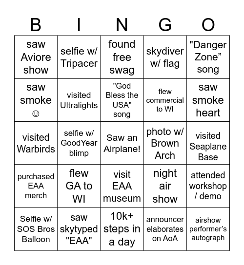 AirVenture Bingo 2025 Bingo Card