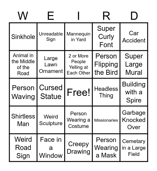 Weird Stuff Game Bingo Card