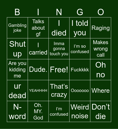 Things Grigg says or does Bingo Card