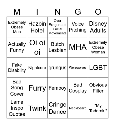 Cringe Comp Mingo Bingo Card