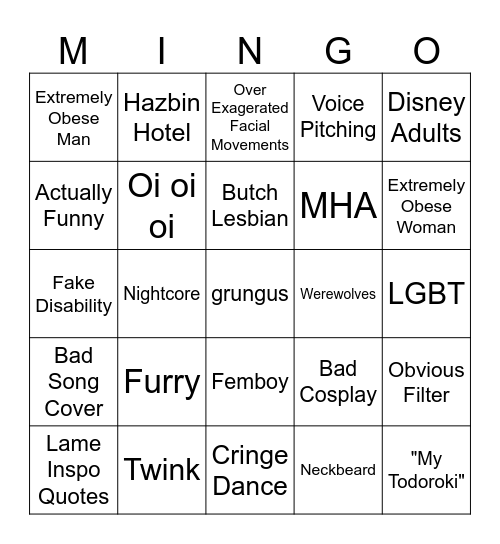 Cringe Comp Mingo Bingo Card