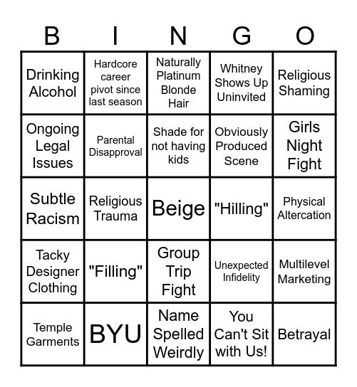 The Secret Lives of Mormon Wives Bingo Card