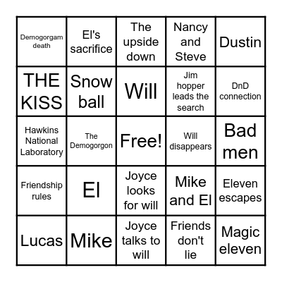 Stranger things Bingo Card