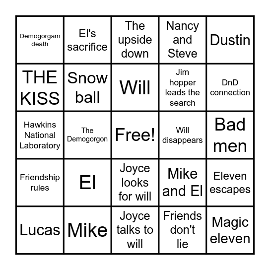 Stranger things Bingo Card