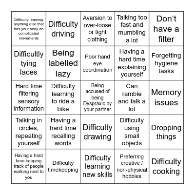 Phil Lester Dyspraxia Bingo Card