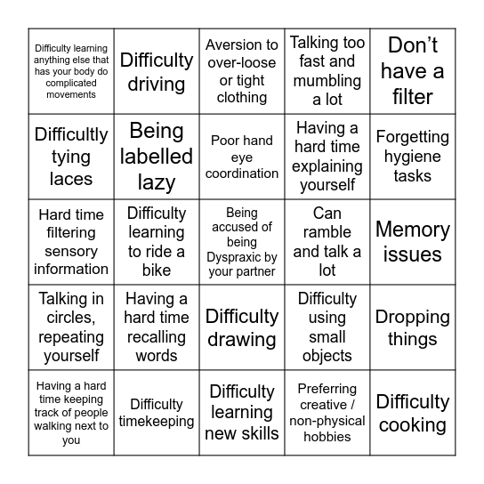 Phil Lester Dyspraxia Bingo Card