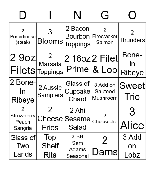 OUTBACK STEAKHOUSE Bingo Card