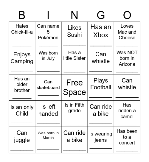 PRETEEN HUMAN BINGO Card