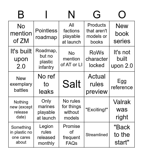 Heresy Bingo Card