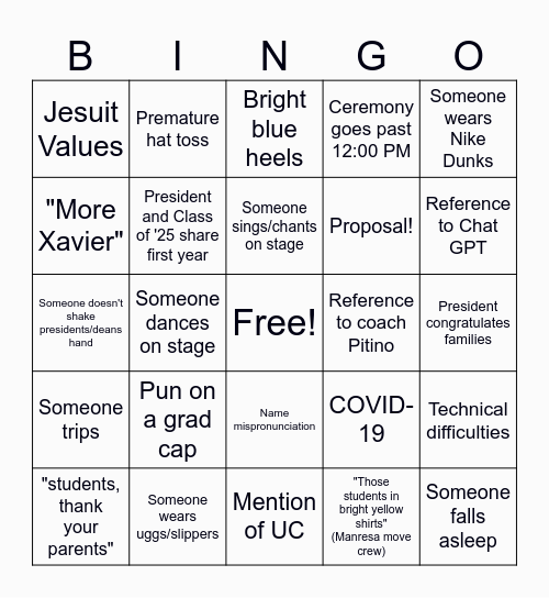 2025 Xavier Graduation Bingo Card