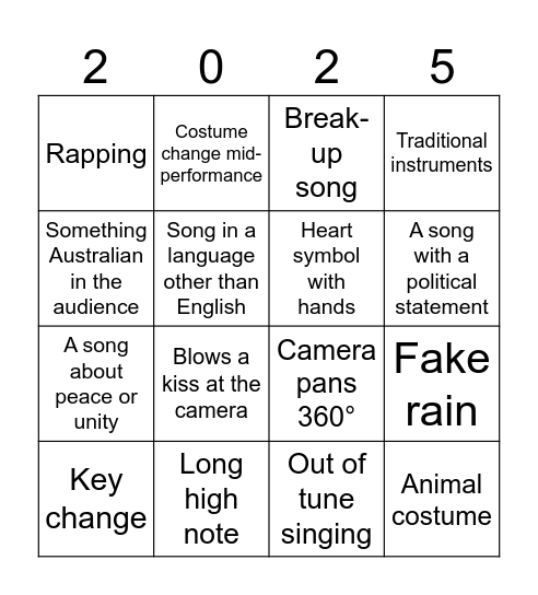 Eurovision Bingo Card