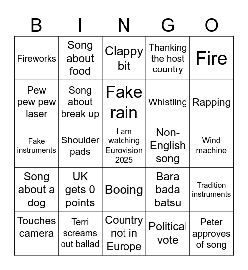 Eurovision - Pika house Bingo Card