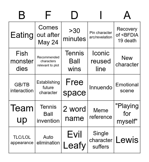 BFDIA 20 Bingo Card
