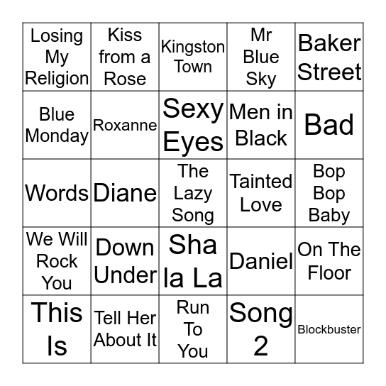 Fran & Kieron Music Bingo Card