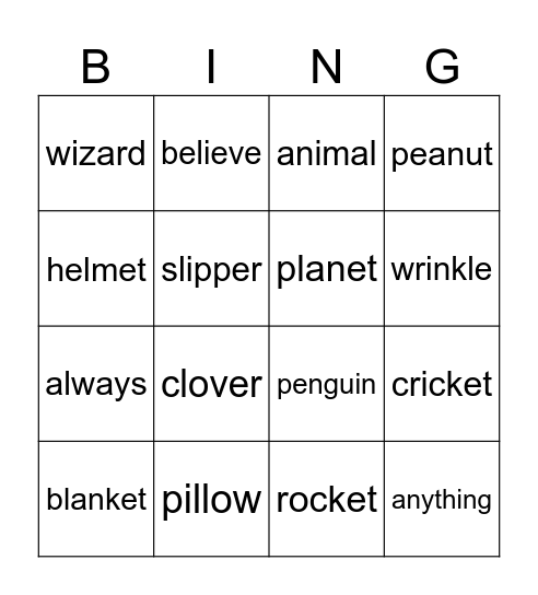 Ethan Bingo Card