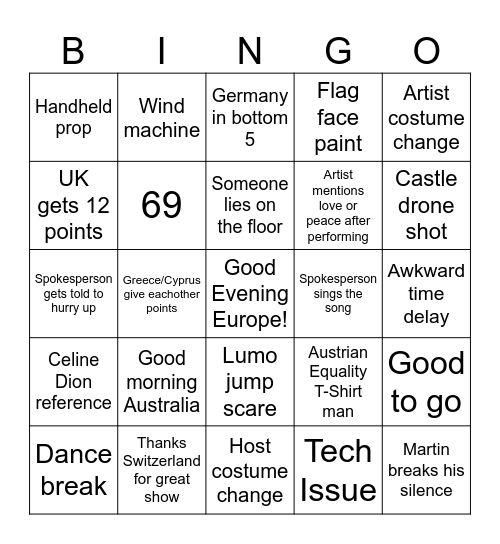 Eurovision 2025 Bingo Card