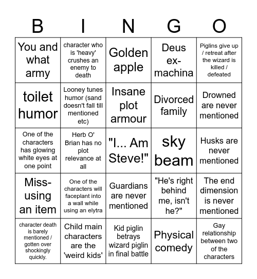 Minecraft movie Bingo Card