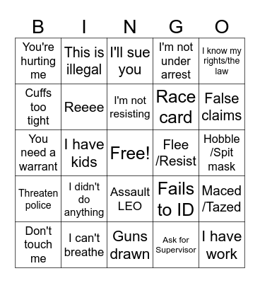 Body Cam Bingo Card