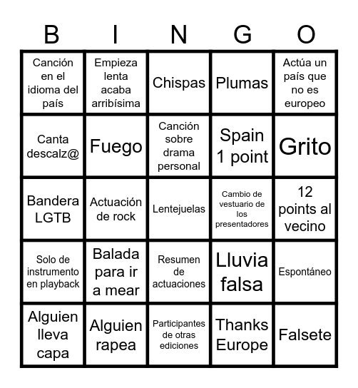 Eurovisión 2025 Bingo Card