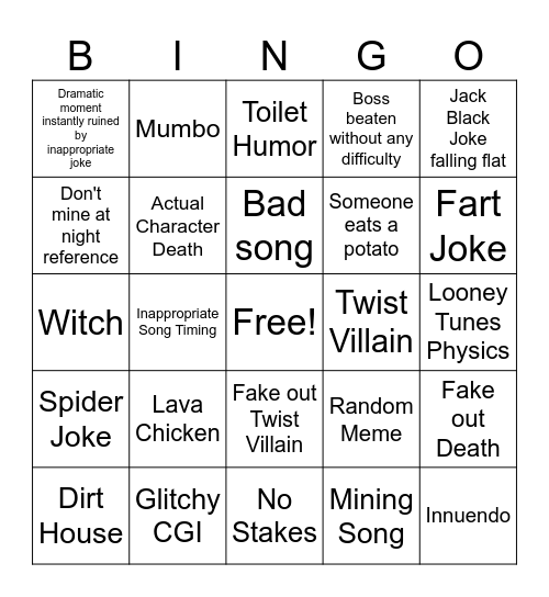 Minecraft Movie Bingo Card