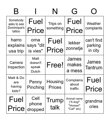Family Trip Bingo Card