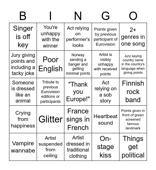 Eurovision Bingo ! Let's go ! Bingo Card