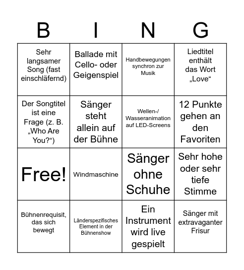 Eurovision Bingo 2025 Bingo Card