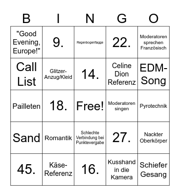 Eurovision Bingo Card