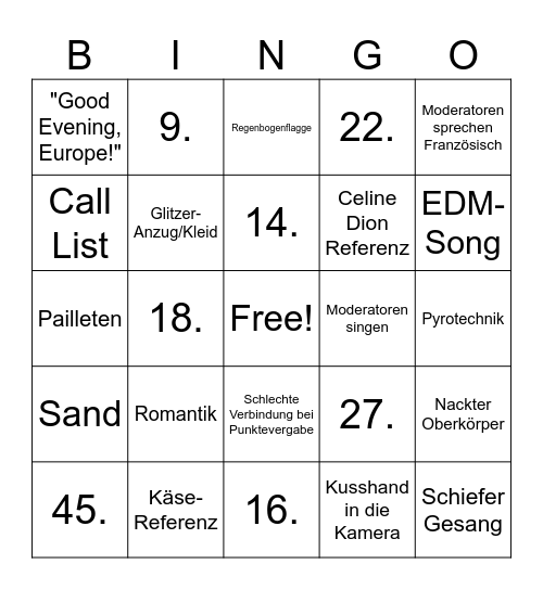 Eurovision Bingo Card