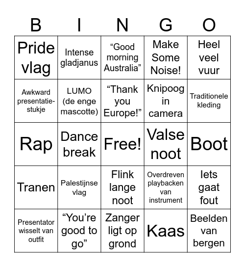 Eurovisie Bingo Card