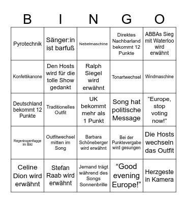 Eurovision 2025 Bingo Card