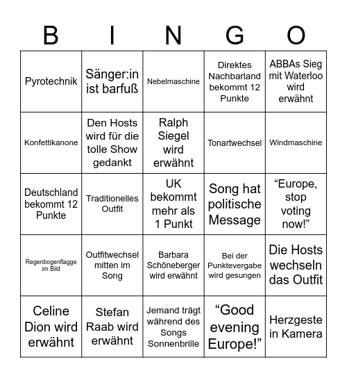 Eurovision 2025 Bingo Card