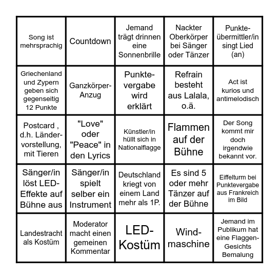ESC 2025 Bingo (deutsch) Bingo Card