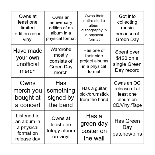Green Day merch Bingo Card