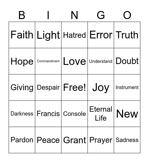 Prayer of St Francis Bingo Card