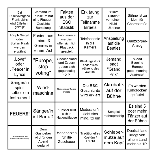 ESC Deutsch Bingo Card