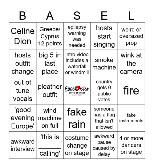 Eurovision 2025 Bingo Card