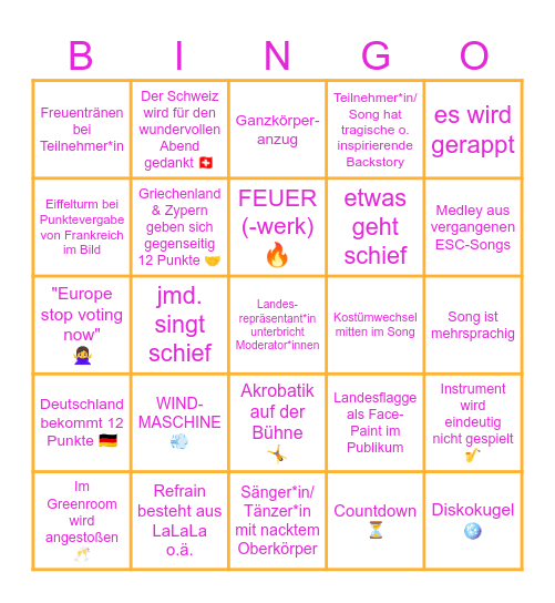 Eurovision 2025 Bingo Card