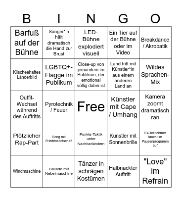 Eurovision Bingo Card