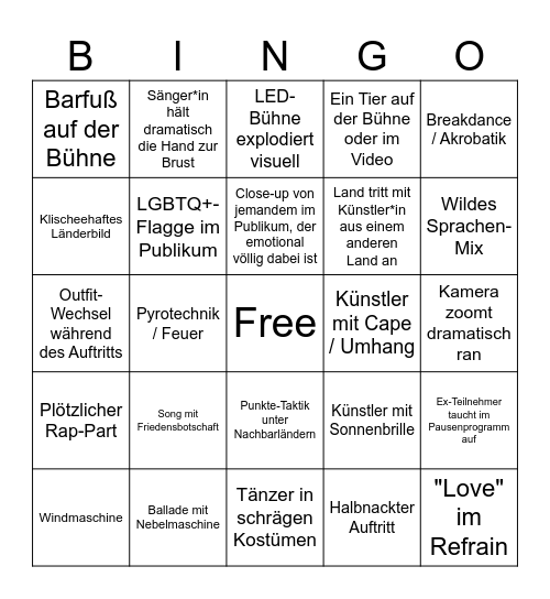 Eurovision Bingo Card
