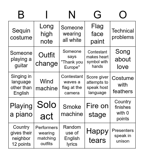 Eurovision Bingo Card