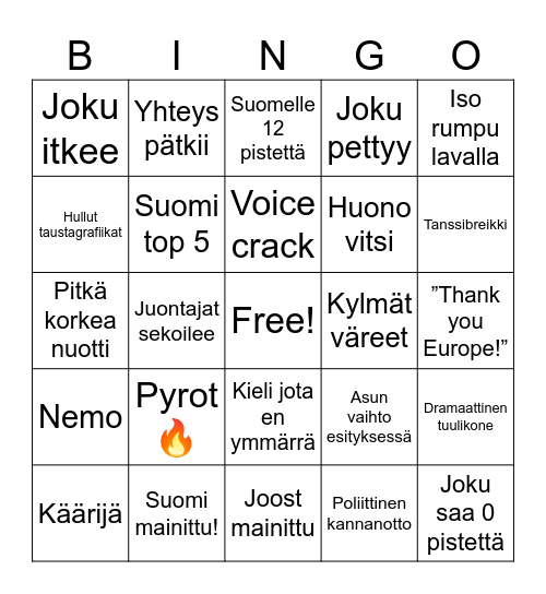 Euroviisu bingo!🎊 Bingo Card