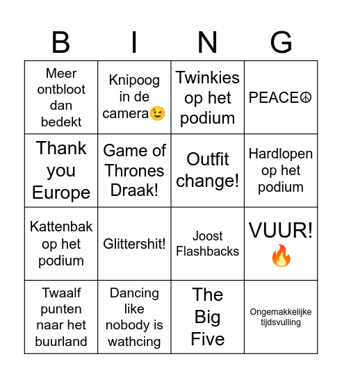 Songfestival Peacock Bingo! Bingo Card