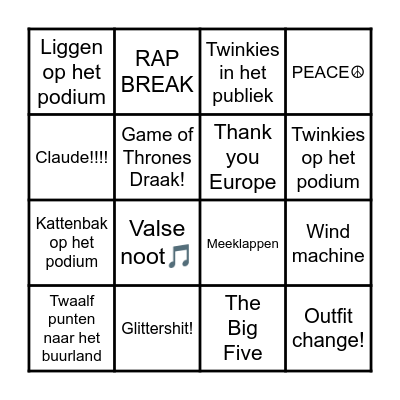 Peacock Eurovision Bingo Card