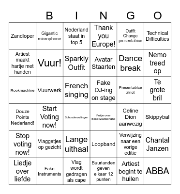 Eurovision Finale Bingo Card