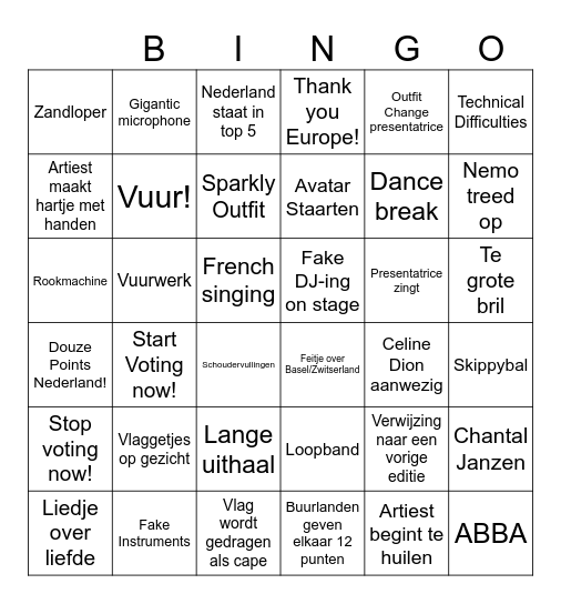 Eurovision Finale Bingo Card
