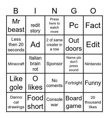 Shorts Bingo Card