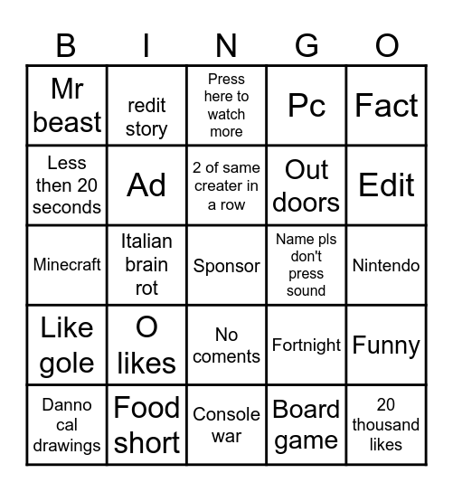 Shorts Bingo Card